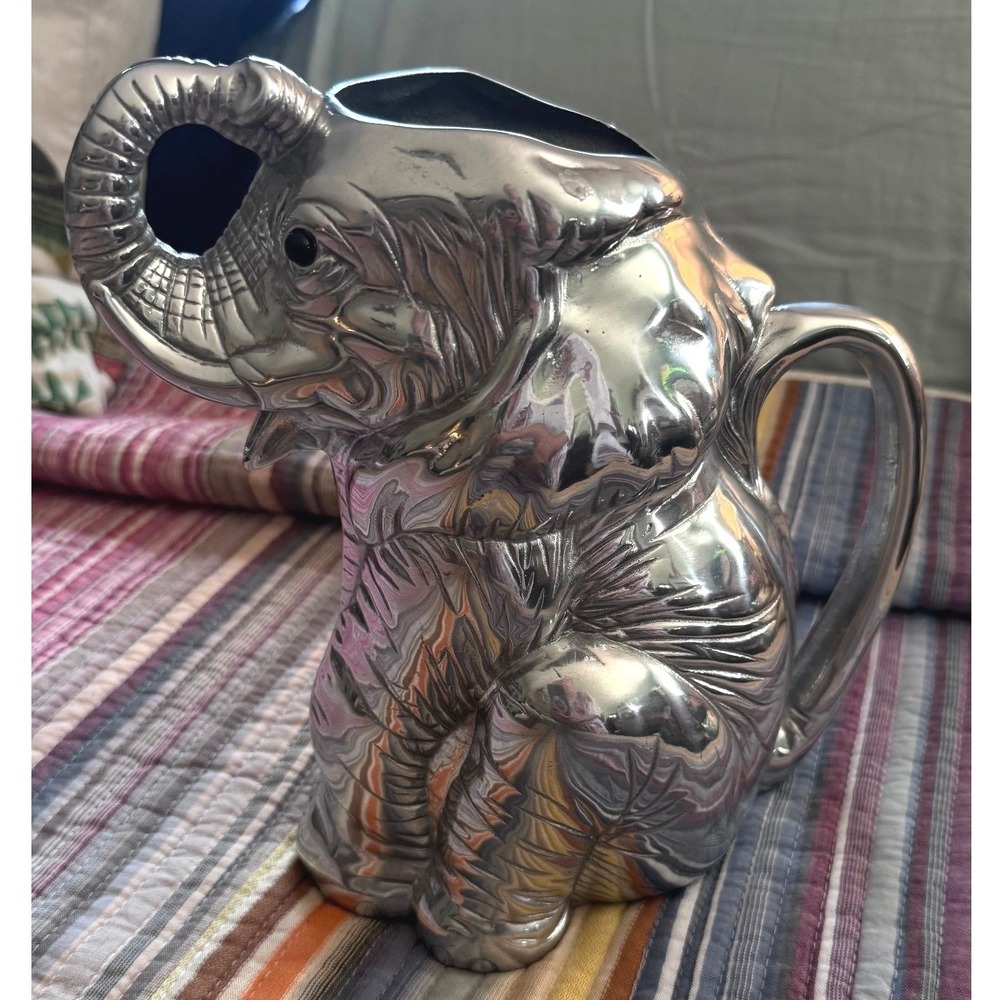Vtg Arthur Court Designs Aluminum Elephant Pitcher Silver Sculpture Vase 2002